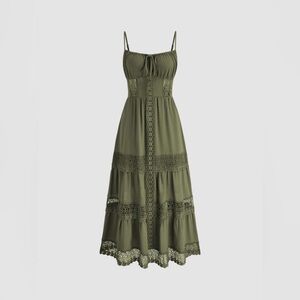 Cider Olive Green Maxi Dress with Lace Trim